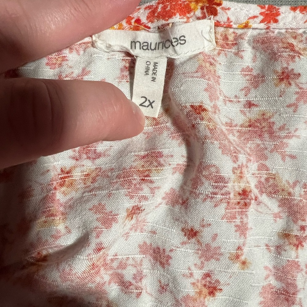 Maurices Red, Orange, and White Floral Blouse with Lace Trim - Picture 4 of 6
